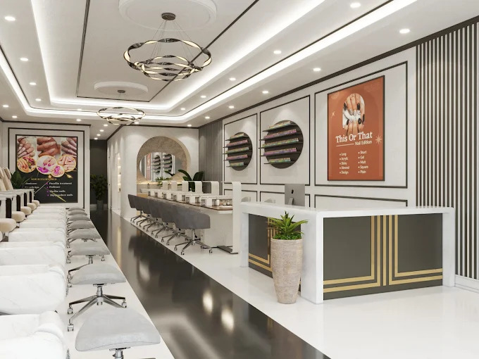 Marble manicure bar and crystal chandelier