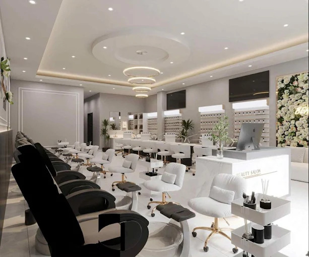 Bright main studio with manicure and pedicure stations