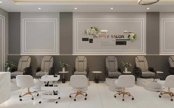 Pedicure gallery with warm stone wall panels